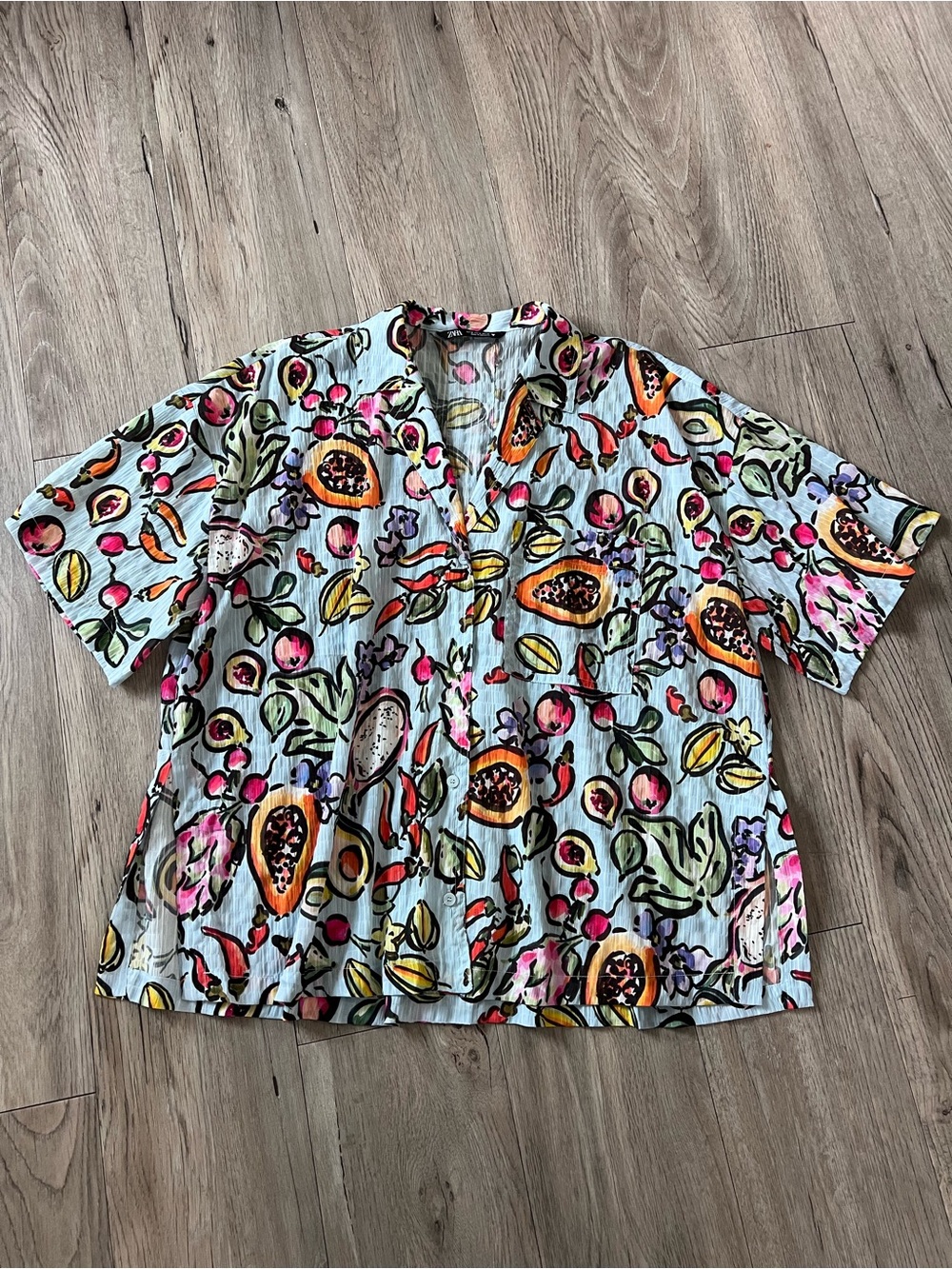 Zara Light Blue Fruit-Print Short Sleeve Button Front Shirt